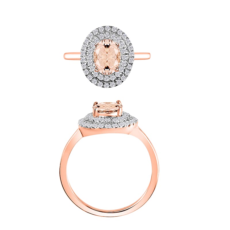 Marropino Morganite and White Zircon 1.60 ctw Double Halo Ring in 18K Vermeil Rose Gold Over Sterling Silver (Size 10.0)