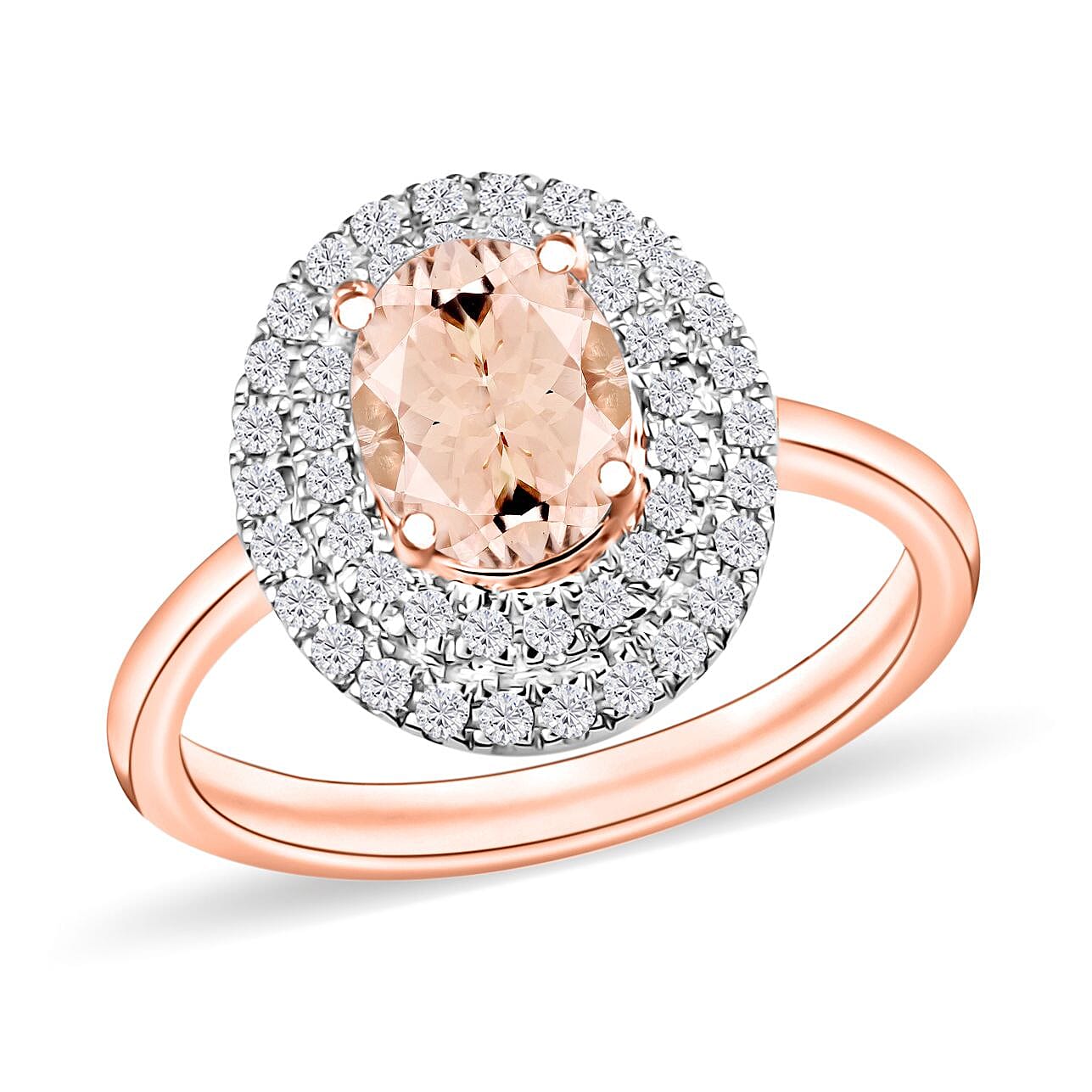 Marropino Morganite and White Zircon Double Halo Ring in 18K Vermeil Rose Gold Over Sterling Silver (Size 10.0) 1.60 ctw