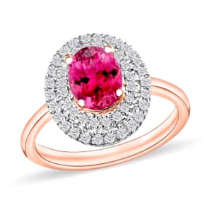 Ouro Fino Rubellite and White Zircon 1.55 ctw Double Halo Ring in 18K Vermeil Rose Gold Over Sterling Silver (Size 10.0) 