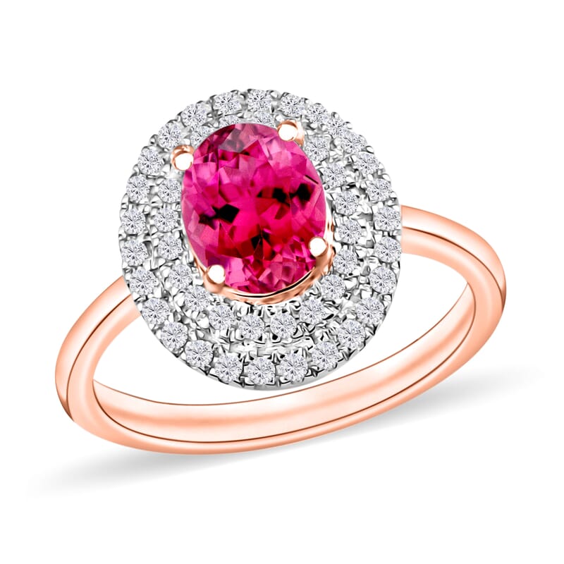 Ouro Fino Rubellite and White Zircon 1.55 ctw Double Halo Ring in 18K Vermeil Rose Gold Over Sterling Silver (Size 10.0)
