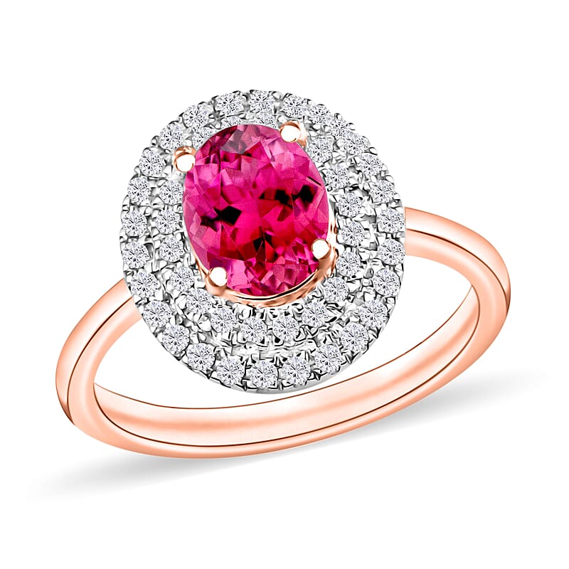 Ouro Fino Rubellite and White Zircon 1.55 ctw Double Halo Ring in 18K Vermeil Rose Gold Over Sterling Silver (Size 10.0)
