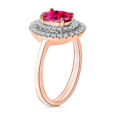 Ouro Fino Rubellite and White Zircon 1.55 ctw Double Halo Ring in 18K Vermeil Rose Gold Over Sterling Silver (Size 10.0)