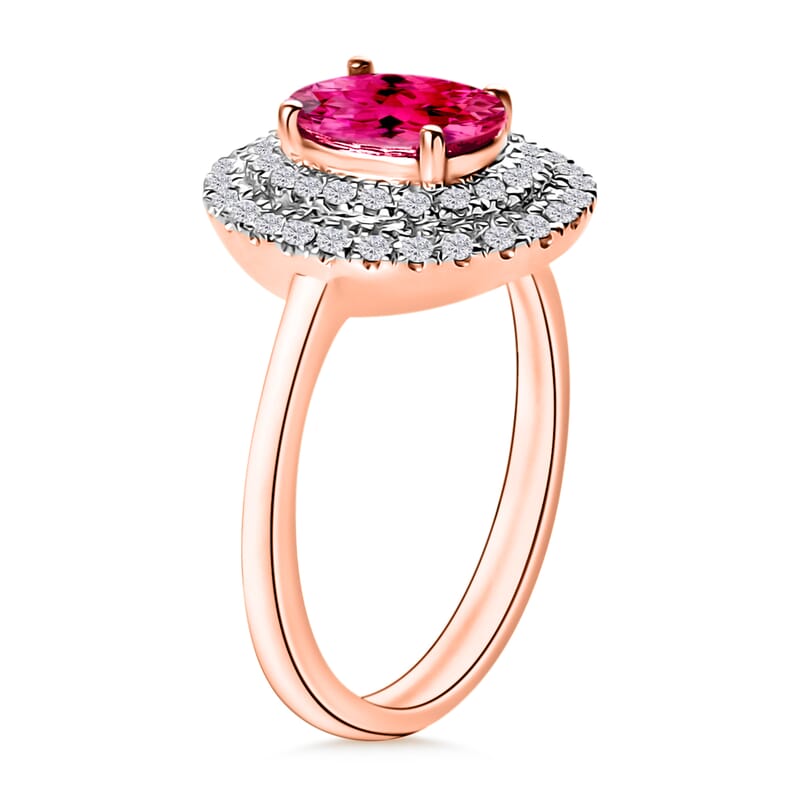 Ouro Fino Rubellite and White Zircon 1.55 ctw Double Halo Ring in 18K Vermeil Rose Gold Over Sterling Silver (Size 10.0)