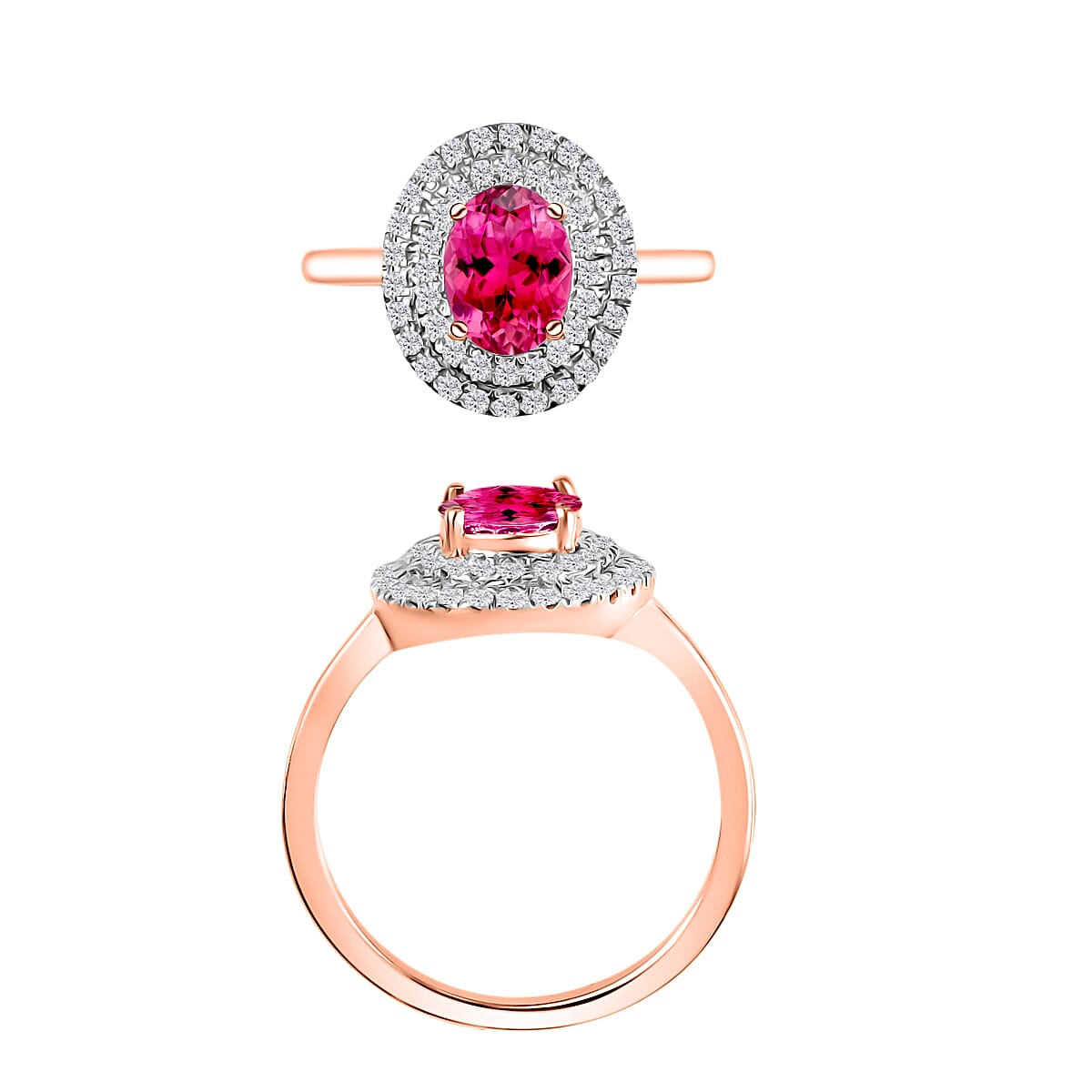 Ouro Fino Rubellite and White Zircon 1.55 ctw Double Halo Ring in 18K Vermeil Rose Gold Over Sterling Silver (Size 10.0)