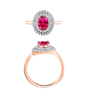 Ouro Fino Rubellite and White Zircon 1.55 ctw Double Halo Ring in 18K Vermeil Rose Gold Over Sterling Silver (Size 10.0)  (Del. in 10-12 Days)