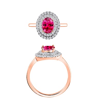 Ouro Fino Rubellite and White Zircon 1.55 ctw Double Halo Ring in 18K Vermeil Rose Gold Over Sterling Silver (Size 10.0)