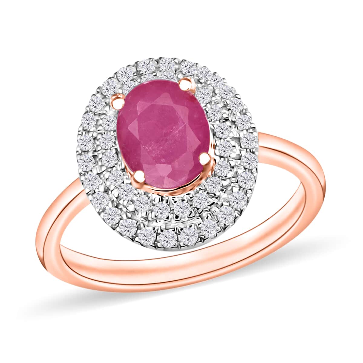 Mozambique Ruby and White Zircon 1.85 ctw Double Halo Ring in 18K Vermeil Rose Gold Sterling Silver (Size 10) 1 image number 0