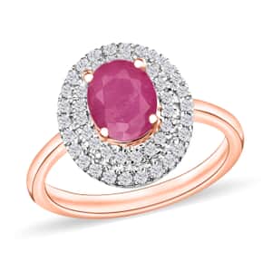 Mozambique Ruby and White Zircon 1.85 ctw Double Halo Ring in 18K Vermeil Rose Gold Sterling Silver (Size 10) 1