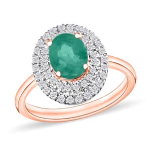 Kagem Zambian Emerald and White Zircon Double Halo Ring in 18K Vermeil Rose Gold Over Sterling Silver (Size 10.0) 1.45 ctw