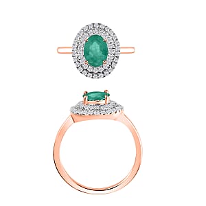 Kagem Zambian Emerald and White Zircon 1.45 ctw Double Halo Ring in 18K Vermeil Rose Gold Over Sterling Silver (Size 10.0) (Del. in 10-12 Days)