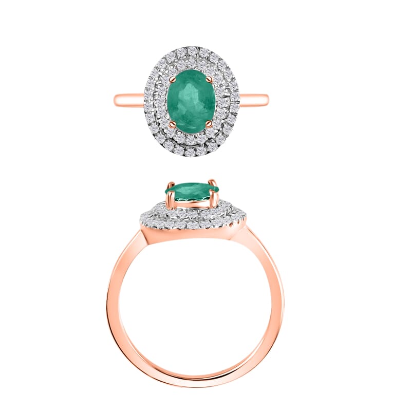 Kagem Zambian Emerald and White Zircon 1.45 ctw Double Halo Ring in 18K Vermeil Rose Gold Over Sterling Silver (Size 10.0)