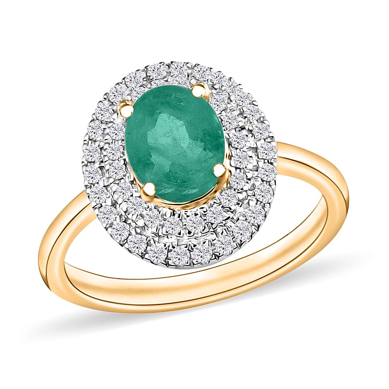 Kagem Zambian Emerald and White Zircon 1.45 ctw Double Halo Ring in 18K Vermeil Yellow Gold Over Sterling Silver (Size 9.5)