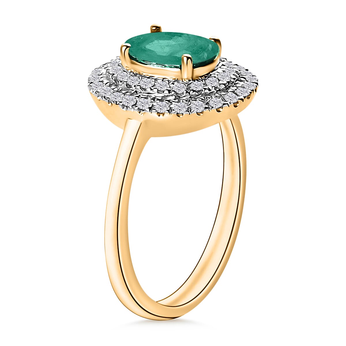 Kagem Zambian Emerald and White Zircon 1.45 ctw Double Halo Ring in 18K Vermeil Yellow Gold Over Sterling Silver (Size 9.5)