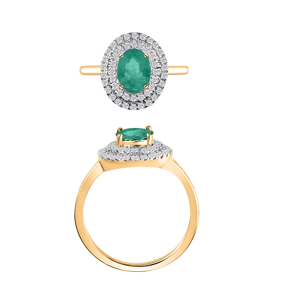Kagem Zambian Emerald and White Zircon 1.45 ctw Double Halo Ring in 18K Vermeil Yellow Gold Over Sterling Silver (Size 9.5)
