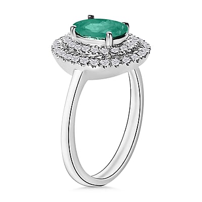 D'Joy Kagem Zambian Emerald and White Zircon 1.45 ctw Double Halo Ring in Rhodium Over Sterling Silver (Size 8.0)