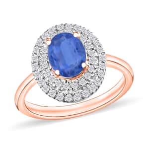 Kanchanaburi Blue Sapphire and White Zircon 1.65 ctw Double Halo Ring in 18K Vermeil Rose Gold Over Sterling Silver (Size 10.0)