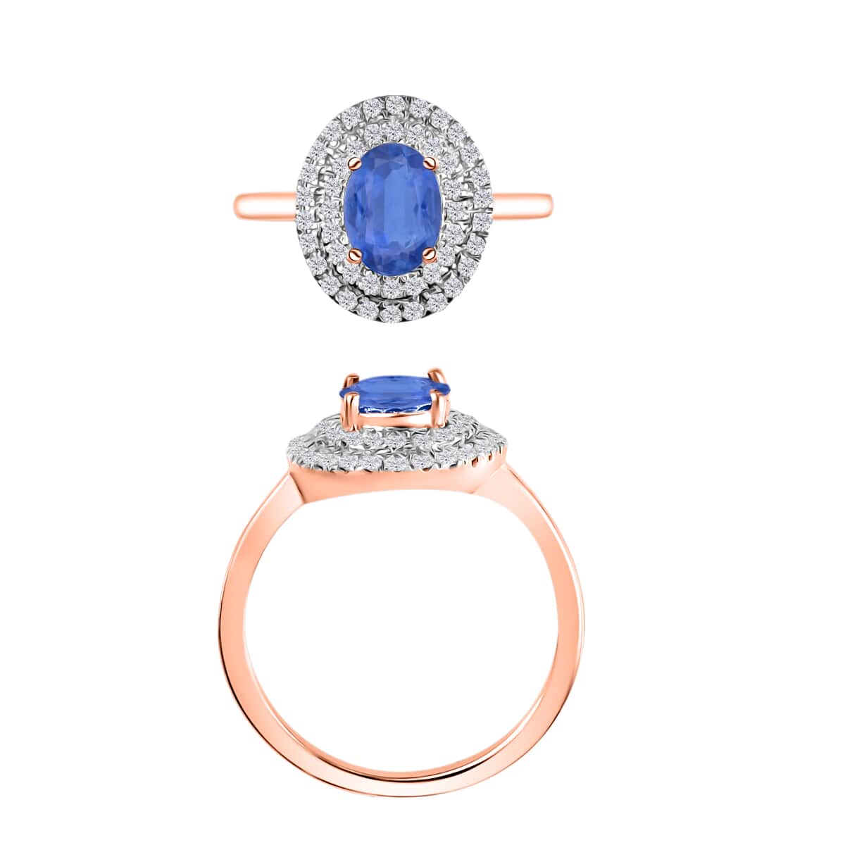 Kanchanaburi Blue Sapphire and White Zircon 1.65 ctw Double Halo Ring in 18K Vermeil Rose Gold Over Sterling Silver (Size 10.0) image number 3