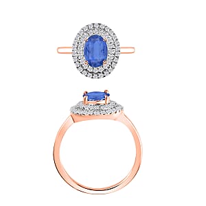 Kanchanaburi Blue Sapphire and White Zircon 1.65 ctw Double Halo Ring in 18K Vermeil Rose Gold Over Sterling Silver (Size 10.0) (Del. in 10-12 Days)