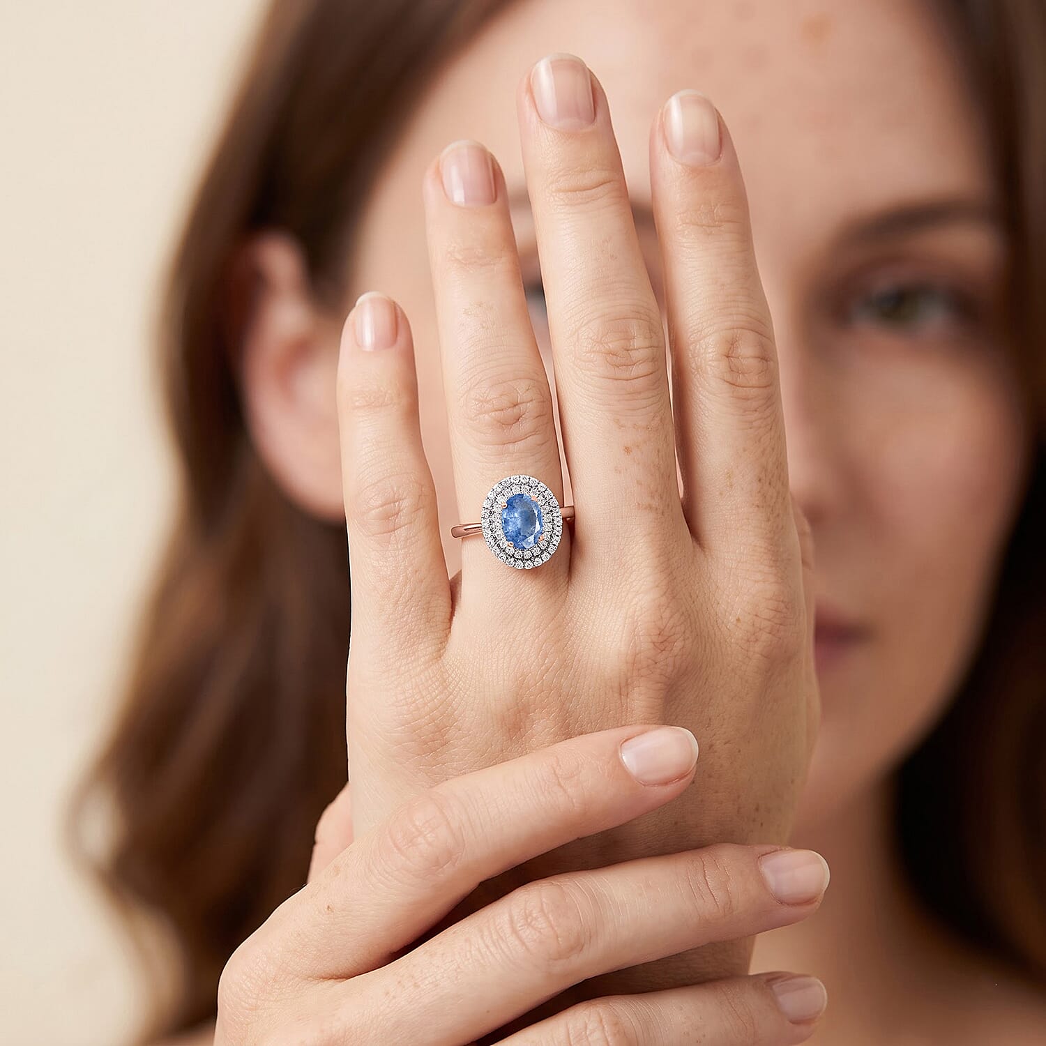 Kanchanaburi Blue Sapphire and White Zircon 1.65 ctw Double Halo Ring in 18K Vermeil Rose Gold Over Sterling Silver (Size 10.0)
