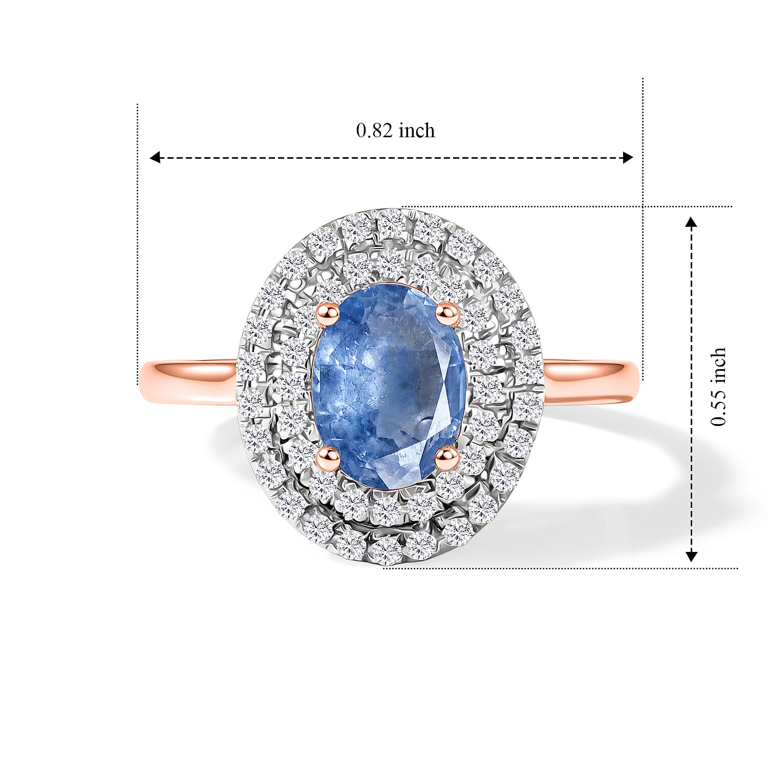 Kanchanaburi Blue Sapphire and White Zircon 1.65 ctw Double Halo Ring in 18K Vermeil Rose Gold Over Sterling Silver (Size 10.0)