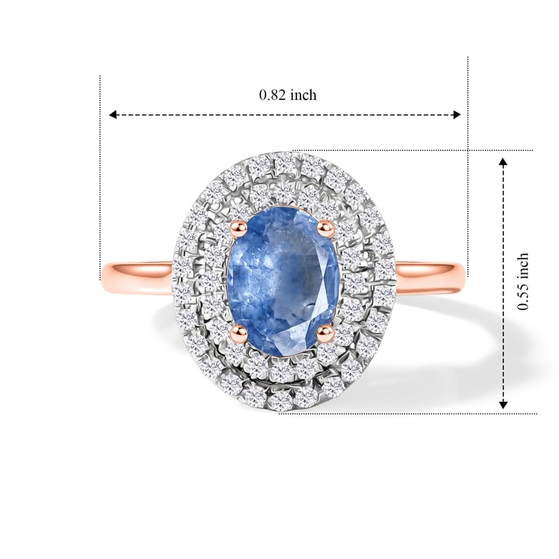 Kanchanaburi Blue Sapphire and White Zircon 1.65 ctw Double Halo Ring in 18K Vermeil Rose Gold Over Sterling Silver (Size 10.0)