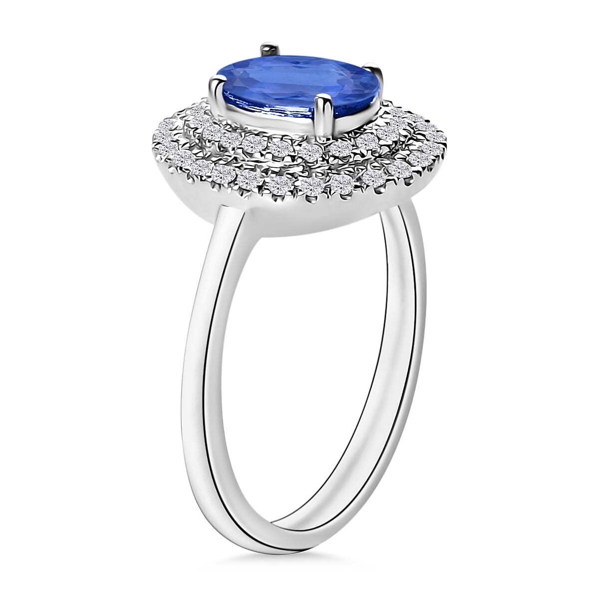 Kanchanaburi Blue Sapphire and White Zircon 1.65 ctw Double Halo Ring in Rhodium Over Sterling Silver (Size 9.5) (Del. in 10-12 Days) image number 2