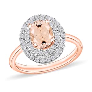 Pink Morganite and White Zircon 1.65 ctw Double Halo Ring in 18K Vermeil Rose Gold Over Sterling Silver (Size 10.0)