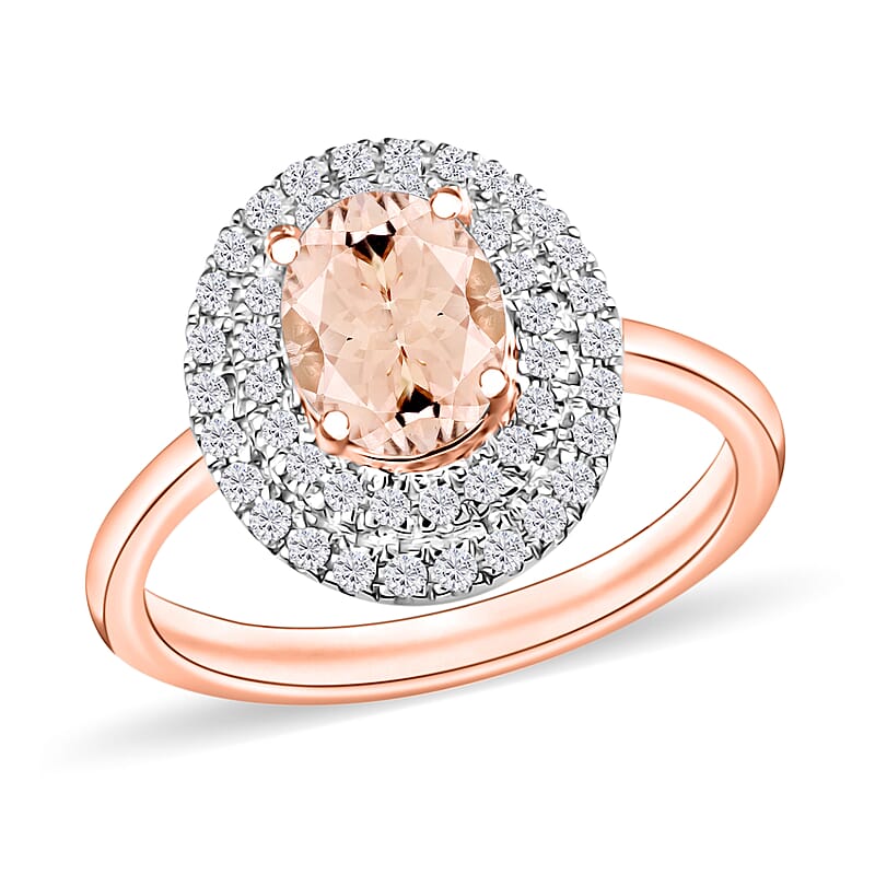 Pink Morganite and White Zircon 1.65 ctw Double Halo Ring in 18K Vermeil Rose Gold Over Sterling Silver (Size 10.0)