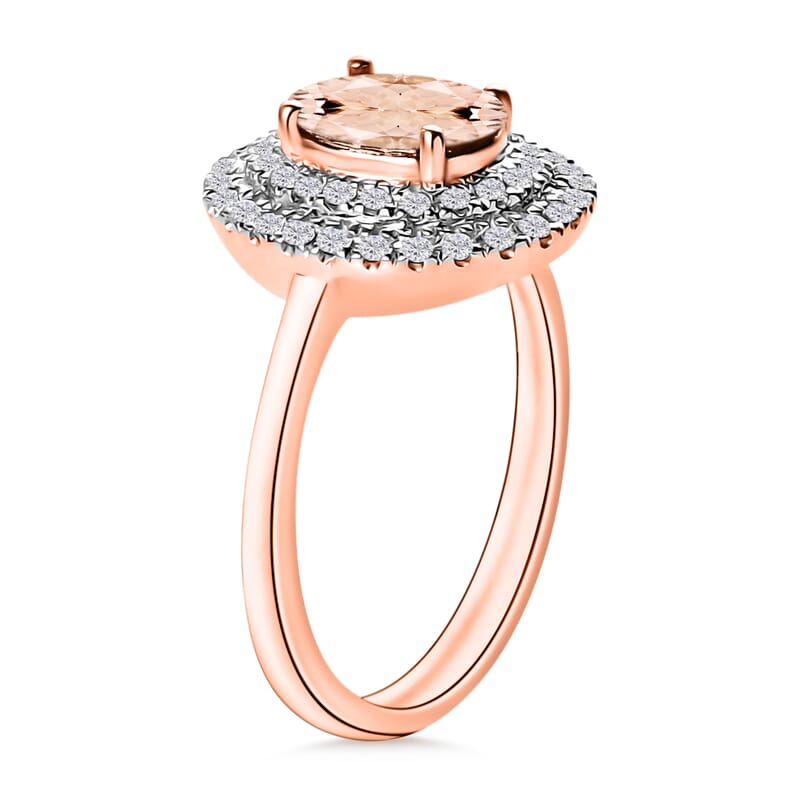 Pink Morganite and White Zircon 1.65 ctw Double Halo Ring in 18K Vermeil Rose Gold Over Sterling Silver (Size 10.0)