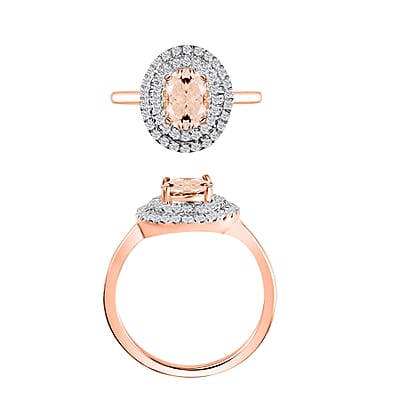 Pink Morganite and White Zircon 1.65 ctw Double Halo Ring in 18K Vermeil Rose Gold Over Sterling Silver (Size 10.0)