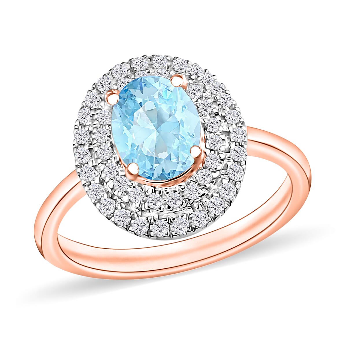 Mangoro Aquamarine and White Zircon 1.60 ctw Double Halo Ring in 18K Vermeil Rose Gold Over Sterling Silver (Size 10.0) image number 0