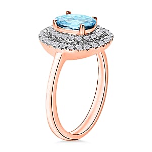 Mangoro Aquamarine and White Zircon 1.60 ctw Double Halo Ring in 18K Vermeil Rose Gold Over Sterling Silver (Size 10.0) (Del. in 10-12 Days)
