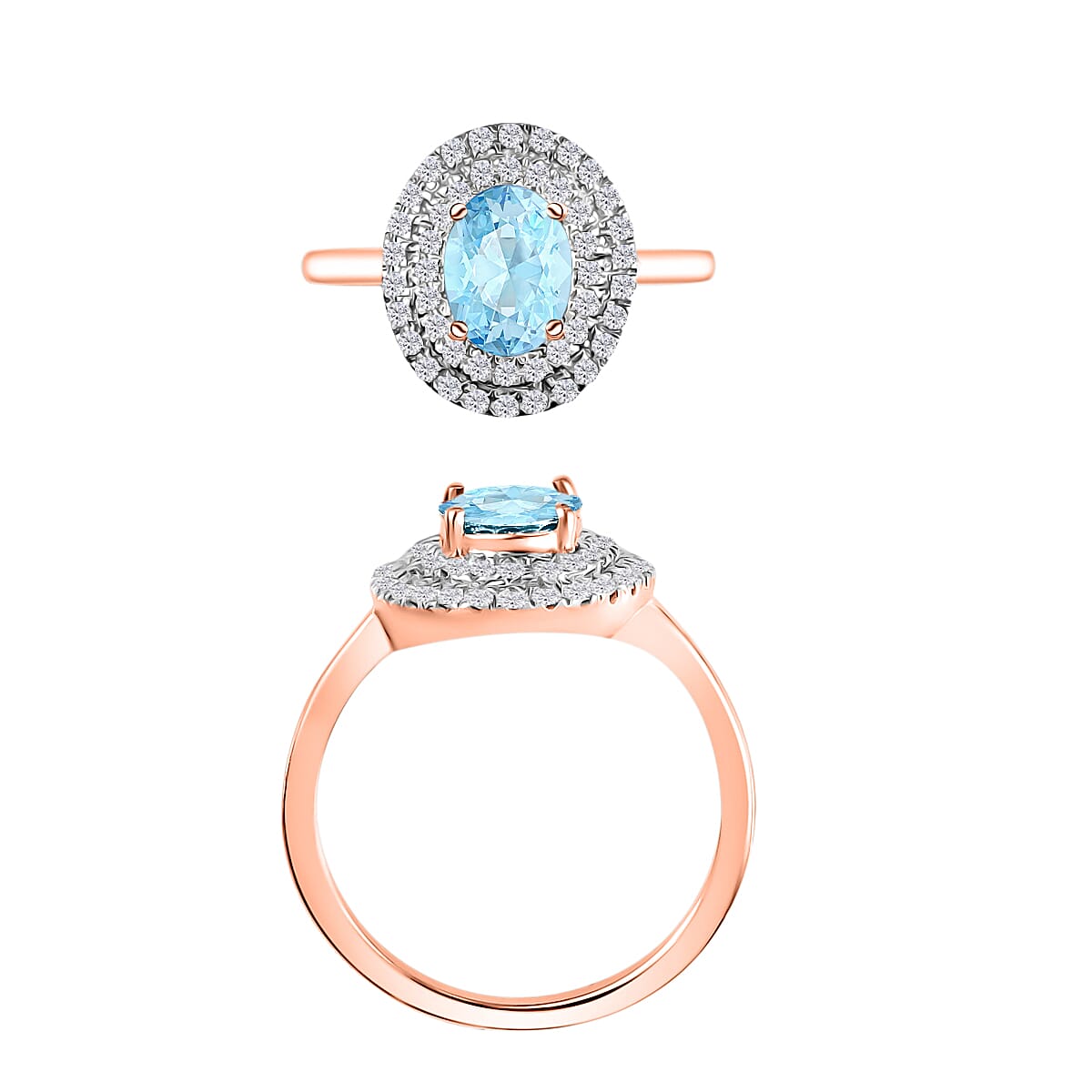 Mangoro Aquamarine and White Zircon 1.60 ctw Double Halo Ring in 18K Vermeil Rose Gold Over Sterling Silver (Size 10.0) image number 3