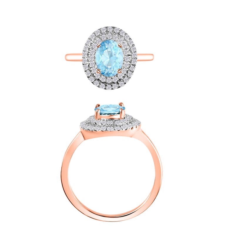 Mangoro Aquamarine and White Zircon 1.60 ctw Double Halo Ring in 18K Vermeil Rose Gold Over Sterling Silver (Size 10.0)