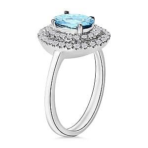 D'Joy Mangoro Aquamarine and White Zircon 1.60 ctw Double Halo Ring in Rhodium Over Sterling Silver (Size 6.5)