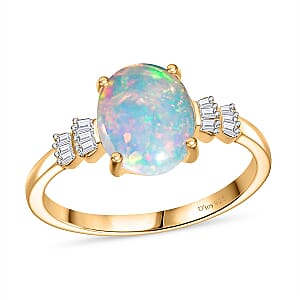 Premium Ethiopian Welo Opal and Diamond 1.85 ctw Ring in 18K Vermeil Yellow Gold Over Sterling Silver (Size 5.5)