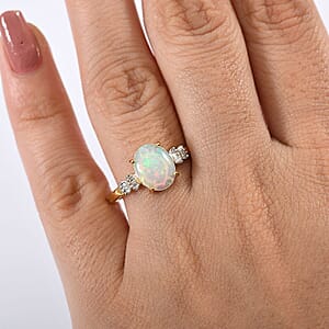 Premium Ethiopian Welo Opal and Diamond 1.85 ctw Ring in 18K Vermeil Yellow Gold Over Sterling Silver (Size 5.5)