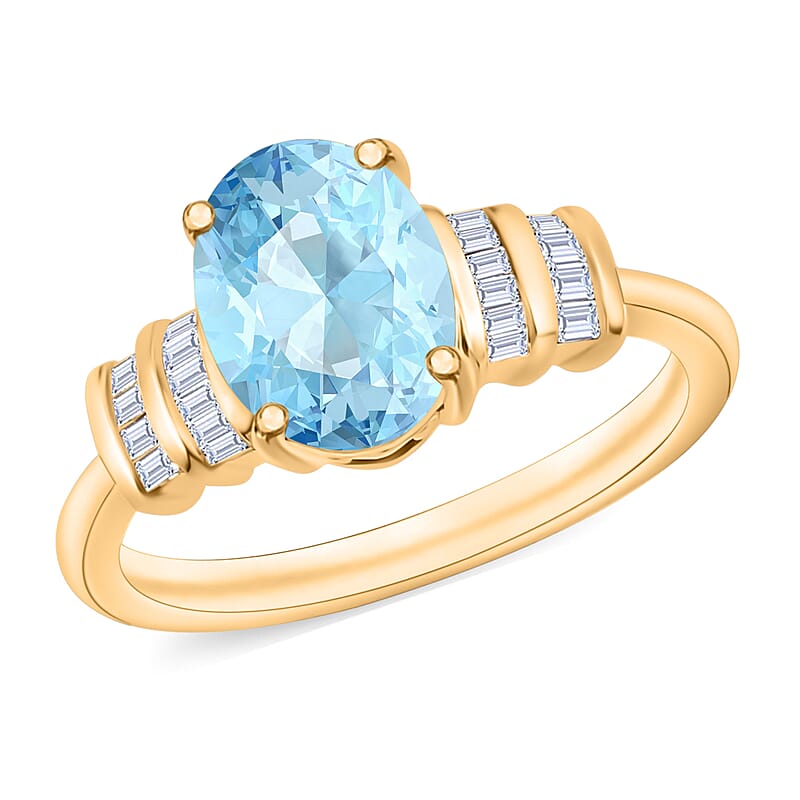 Luxoro Premium Mangoro Aquamarine and G-H I1 Diamond 1.80 ctw Ring in 14K Yellow Gold (Size 10.0) 4 Grams
