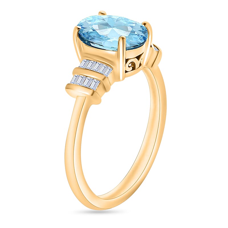 Luxoro Premium Mangoro Aquamarine and G-H I1 Diamond 1.80 ctw Ring in 14K Yellow Gold (Size 4.0) 4 Grams