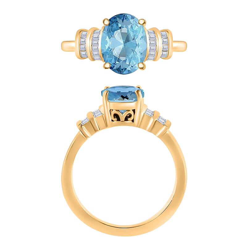 Luxoro Premium Mangoro Aquamarine and G-H I1 Diamond 1.80 ctw Ring in 14K Yellow Gold (Size 4.0) 4 Grams