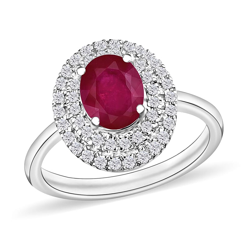 Rhapsody AAAA Mozambique Ruby and Diamond 1.85 ctw E-F VS2 Double Halo Ring in 950 Platinum (Size 10.0) 5.5 Grams