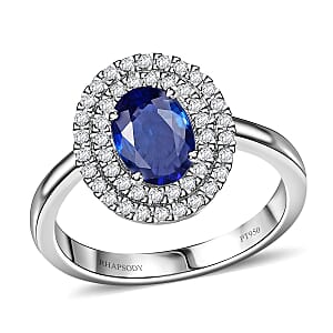 Rhapsody AAAA Ceylon Blue Sapphire and E-F VS2 Diamond 1.65 ctw Double Halo Ring in 950 Platinum (Size 7.0) 4.50 Grams