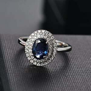 Rhapsody AAAA Ceylon Blue Sapphire and E-F VS2 Diamond 1.65 ctw Double Halo Ring in 950 Platinum (Size 7.0) 4.50 Grams