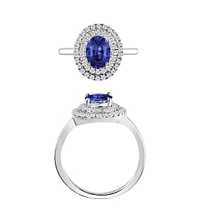 Rhapsody AAAA Ceylon Blue Sapphire and E-F VS2 Diamond 1.65 ctw Double Halo Ring in 950 Platinum (Size 8.5) 4.50 Grams (Del. in 10-12 Days)
