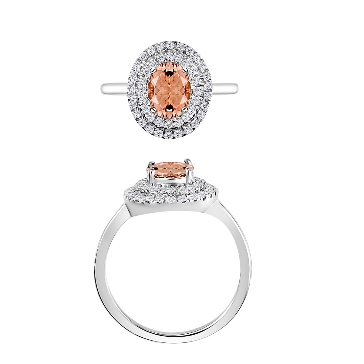 Rhapsody AAAA Pink Morganite and E-F VS2 Diamond 1.65 ctw Double Halo Ring in 950 Platinum (Size 11.0) 4.50 Grams image number 3