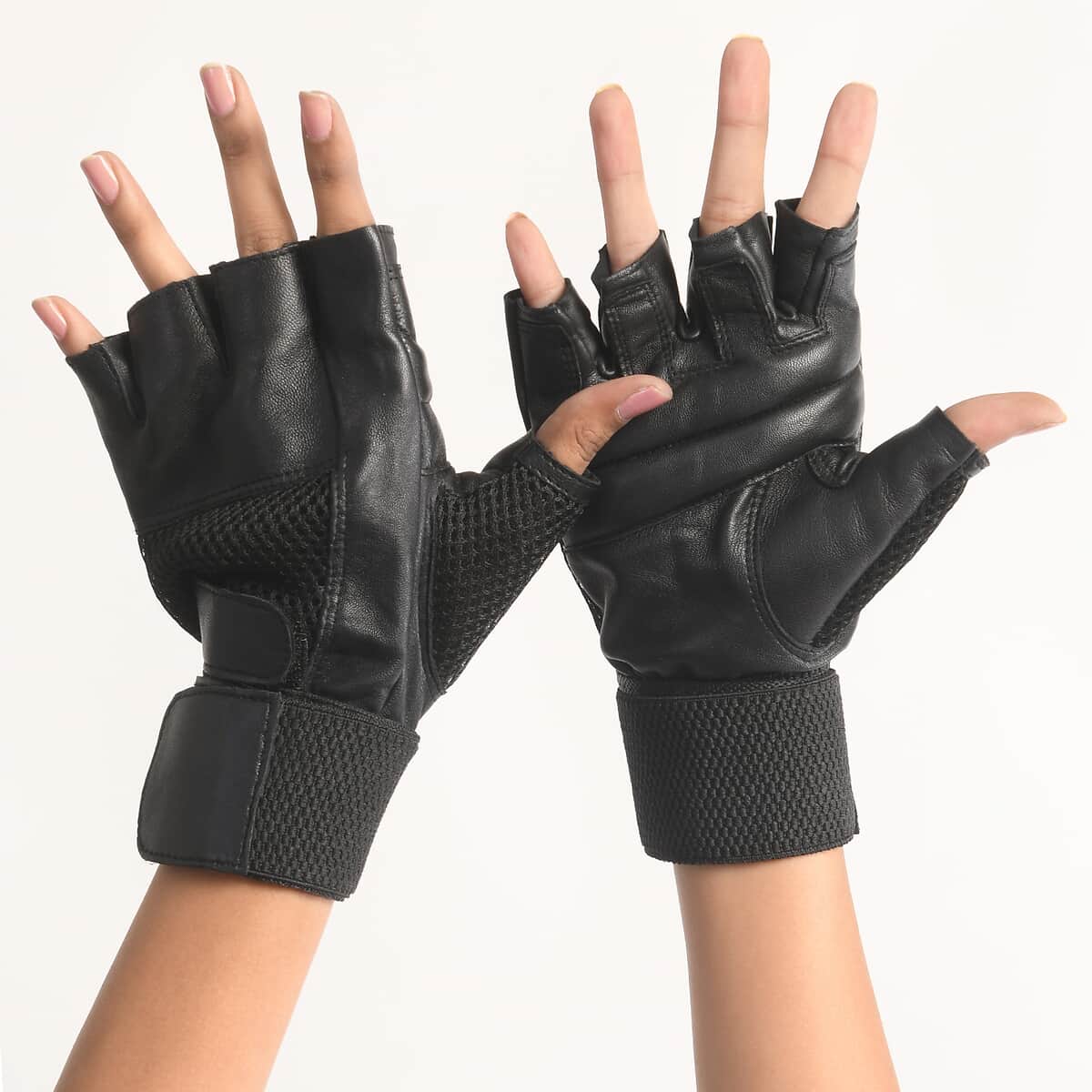 Closeout Deal Black 100% Genuine Leather Fingerless Gloves image number 1