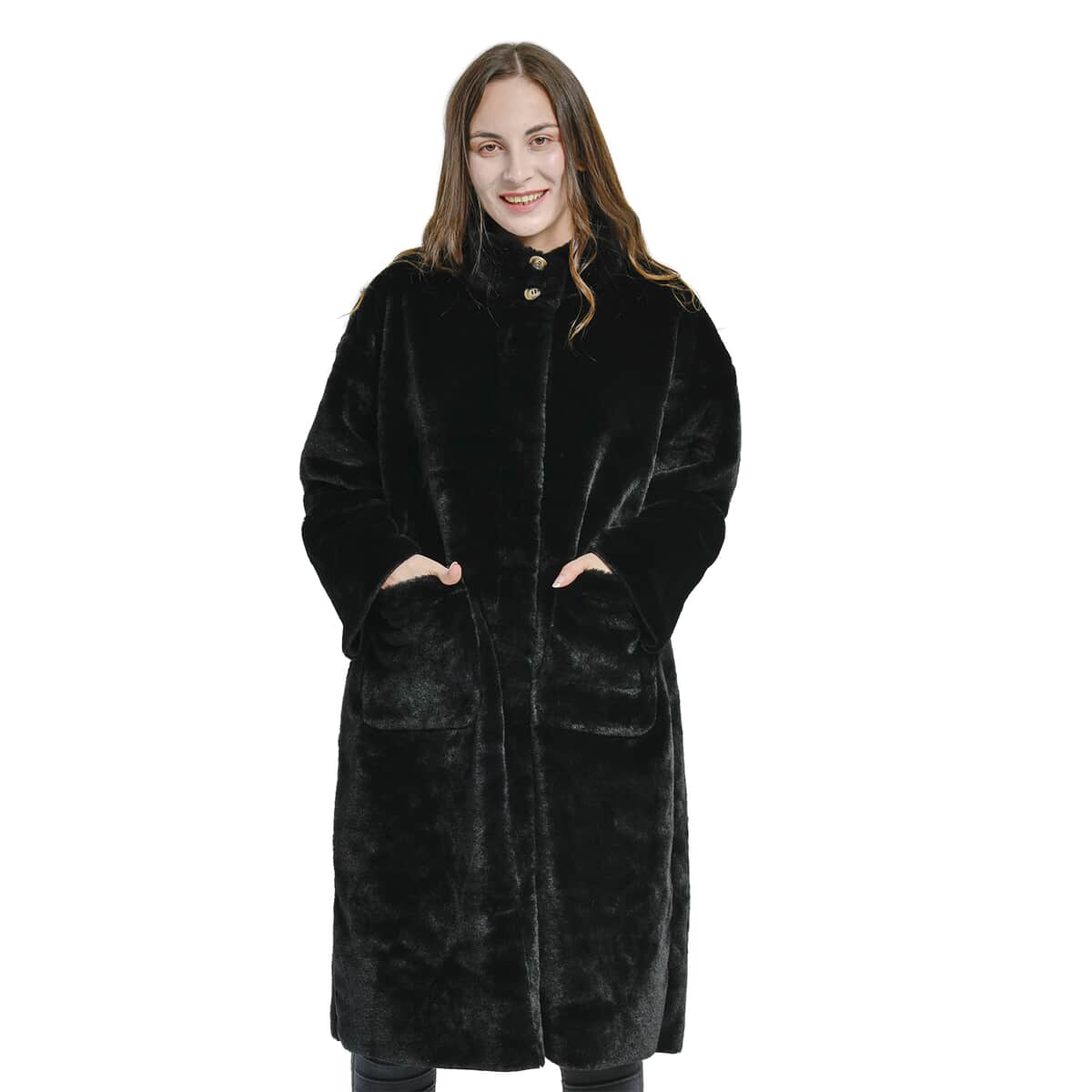 Tamsy Black Suede and Polyester Faux Fur Long Coat For Ladies, Ultra-Soft Quick Drying Machine Washable Womens Winter Coat- L image number 0