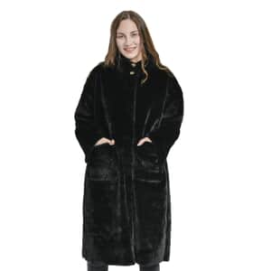 Tamsy Black Suede and Polyester Faux Fur Long Coat For Ladies, Ultra-Soft Quick Drying Machine Washable Womens Winter Coat- L