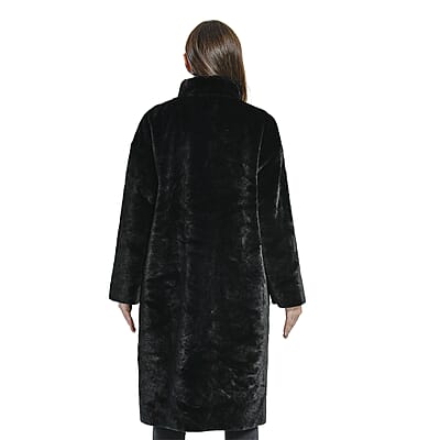 Tamsy Black Suede and Polyester Faux Fur Long Coat For Ladies, Ultra-Soft Quick Drying Machine Washable Womens Winter Coat- L