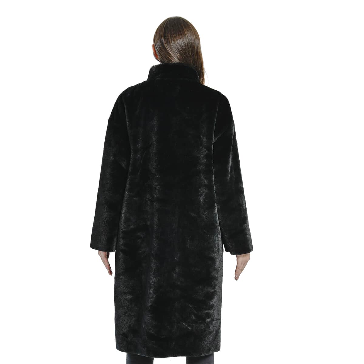 Tamsy Black Suede and Polyester Faux Fur Long Coat For Ladies, Ultra-Soft Quick Drying Machine Washable Womens Winter Coat- L image number 1